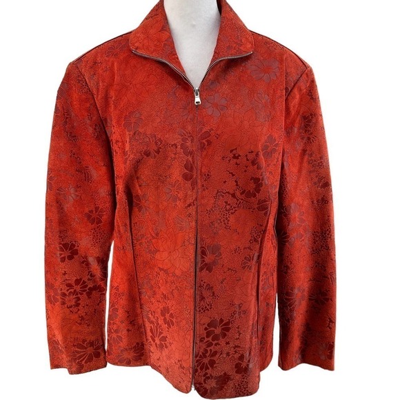 Designer SAX Vera Pelle Suede Leather Floral Zip Jacket Long Sleeve Size 54 L - Picture 1 of 12